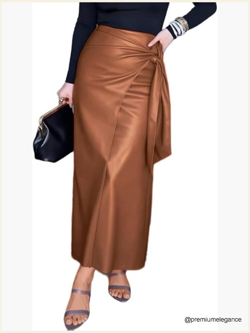 Women's Faux Leather Wrap Pencil Skirt High Waisted Zip Up Side Slit Midi